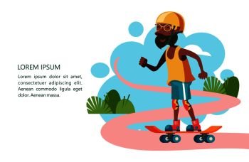 Older people lead an active lifestyle. Old people play sports. Grandpa is skateboarding. Vector illustration.