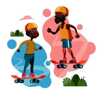 Older people lead an active lifestyle. Elderly skateboarders. An elderly man and a woman riding on skateboards. Vector illustration.