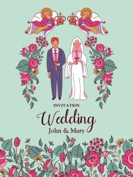 Happy wedding. Vector illustration. Wedding ceremony. The bride and groom. Romantic wedding card, wedding invitation.