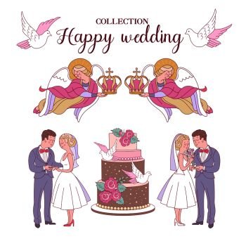 Happy wedding. Vector illustration. Wedding ceremony.  Romantic wedding card, wedding invitation. Figures of the bride and groom on the wedding cake.