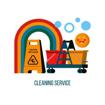 Service cleaning. Colorful vector illustration, Emblem. Cleaning kit.