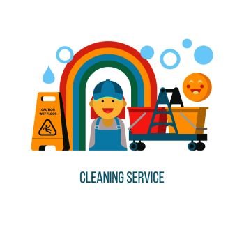 Service cleaning. Colorful vector illustration, Emblem. Cleaning kit. Cheerful maid, cleaning lady in overalls.