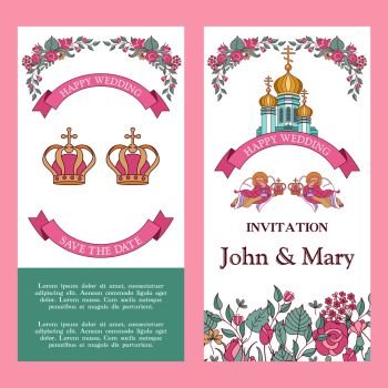Elegant wedding invitation. Vector illustration, greeting card. Borders of roses. Christian temple with Golden domes. The angels are holding the wedding crowns.
