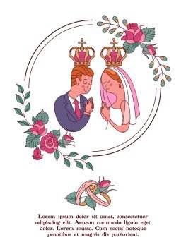 Elegant wedding invitation. Vector illustration, greeting card. The bride and groom with crowns over their heads. Framed by roses.