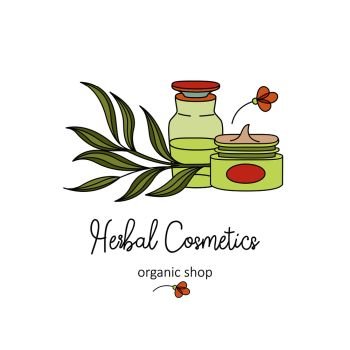 Herbal cosmetics, natural oil. Vector hand drawn illustration for natural eco cosmetics store.. Herbal cosmetics. Vector illustration. Oils and plants.