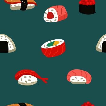 Japanese sushi and rolls. Seamless pattern. Vector illustration.