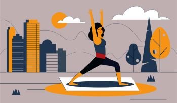 The girl performs sports exercises in the city Park. Healthy lifestyle in the big city. Urban landscape. Vector illustration.. The girl performs sports exercises in the city Park. Vector illustration.
