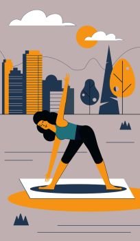 The girl performs sports exercises in the city Park. Vector illustration.