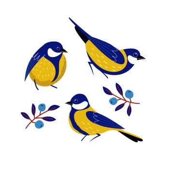 Cute postcard with birds, blueberries and flowers, berries and leaves. Vector illustration.. Lovely birds, berries, flowers and branches. Vector illustration.