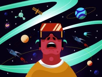 Virtual Reality concept with a man interacting with imaginary universe through VR glasses. Vector illustration.. VR concept. Man in cyberspace. Virtual reality concept. Vector illustration.