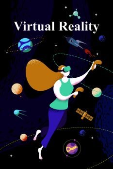 Virtual Reality concept with a girl interacting with imaginary universe through VR glasses. Vector illustration.. VR concept. Woman flying in cyberspace. Virtual reality concept. Vector illustration.