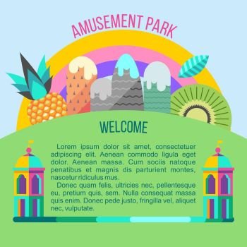 Amusement Park, theme Park, water Park. A large set of carousel icons, water slides, fun on vacation and weekends for the whole family. Poster amusement Park. Vector illustration.