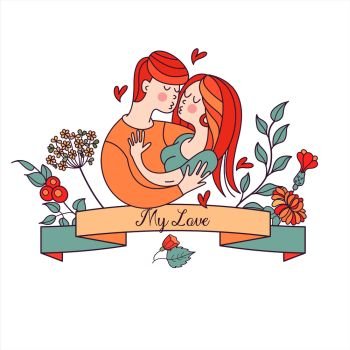 Boy and girl. Bride and groom. Love. Vector illustration in a linear fashion. Valentine’s day card.