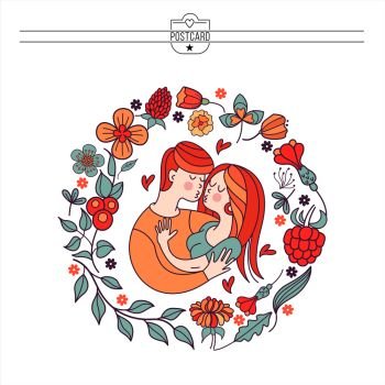 Boy and girl. Bride and groom. Love. Vector illustration in a linear fashion. Valentine’s day card.  Couple in love framed by a floral wreath.