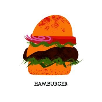 Hamburger. Vector illustration on white background. Flat style with unique hand drawn vector textures. Hamburger. Vector illustration on white background.