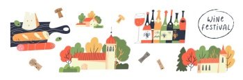 Beaujolais Nouveau festival of new wine. Wine festival. A set of vector elements for the design of banners, posters, and invitations. Bottles of wine, a rural landscape, sausage and bread on a black board.. Beaujolais Nouveau festival of new wine. Wine festival. Vector illustration.