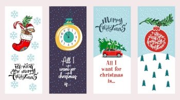 A set of cute Christmas illustrations. The car is carrying a Christmas tree. Christmas decorations and gifts.. A set of cute Christmas illustrations.
