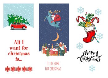 Santa riding a deer. The car is carrying a Christmas tree. Christmas decorations and gifts.. A set of cute Christmas illustrations.