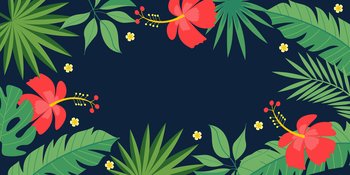 Colorful vector illustration with green tropical plants and bright exotic flowers.. Bright tropical background with empty space for text. Vector illustration.