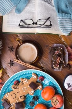 autumn cozy composition at wooden table. life style concept. flat lay