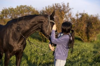  beautiful black horse  with his owner and rider  posing in green grass meadow. spring time
