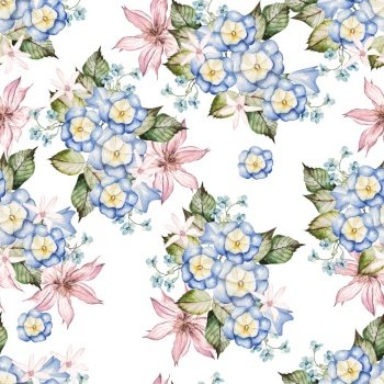 Beautiful watercolor seamless pattern with  clematis and other flowers. Illustration. Beautiful watercolor seamless pattern with  clematis and other flowers.