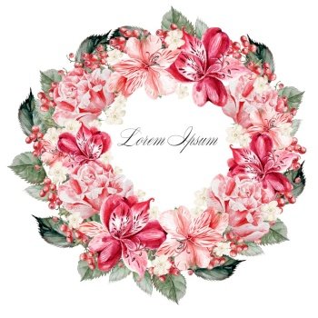 Beautiful watercolor wreath with flowers alstroemeria and berries currant . Illustrations. Beautiful watercolor wreath with flowers alstroemeria and berries currant . 