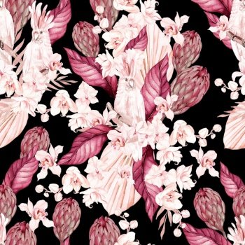 Watercolor wedding pink tropical seamless pattern with Exotic flowers, orchid, protea, parrot and palm leaves. Illustration. Watercolor wedding pink tropical seamless pattern with Exotic flowers, orchid, protea, parrot and palm leaves. 