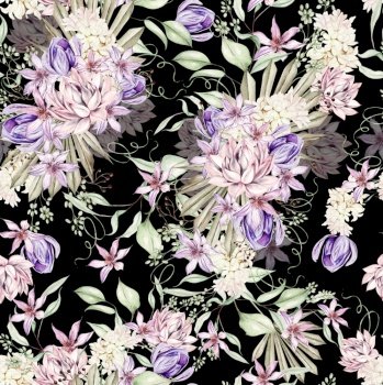 Watercolor romantic seamless pattern with succulents and crocus, clematis and flowers. Illustration. Watercolor romantic seamless pattern with succulents and crocus, clematis and flowers.
