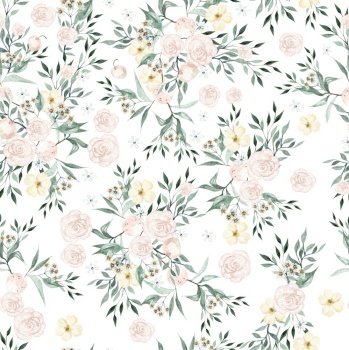 Watercolor sesmless pattern with pink and yellow flowers and leaves. Illustration. Watercolor sesmless pattern with pink and yellow flowers and leaves