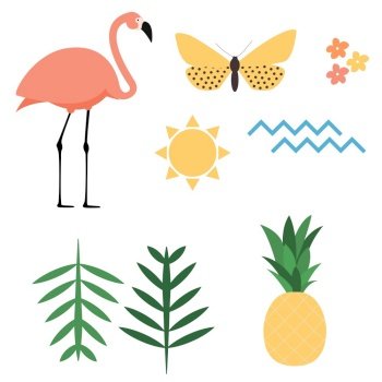 Flamingo, sun, butterfly, flower, palm leaf, ananas amd sea wave icons set on white background. Vector Illustration EPS10. Flamingo, sun, butterfly, flower, palm leaf, ananas amd sea wave icons set on white background. Vector Illustration