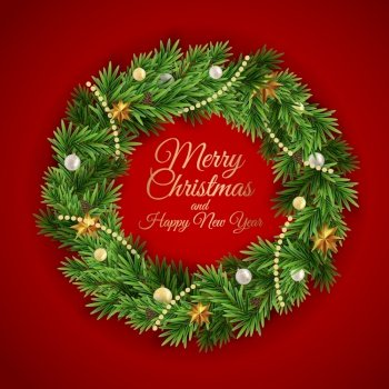 Holiday New Year and Merry Christmas Background with realistic Christmas wreath. Vector Illustration EPS10. Holiday New Year and Merry Christmas Background with realistic Christmas wreath. Vector Illustration
