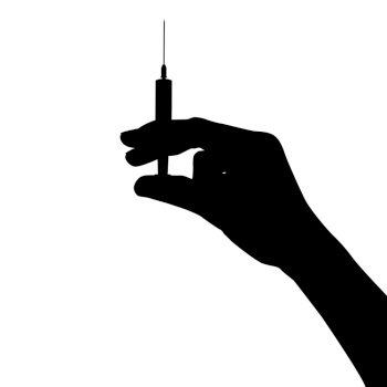 Black Hand silhouette holds a syringe with a vaccine. Vaccination Concept. Vector Illustration. Black Hand silhouette holds a syringe with a vaccine. Vaccination Concept. Vector Illustration EPS10