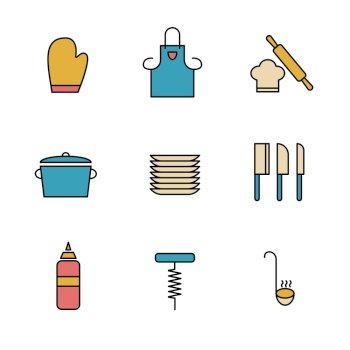 Set of Simple colored kitchen utensils icon in trendy line style isolated on white background for web apps and mobile concept. Vector Illustration. EPS10. Set of Simple colored kitchen utensils icon in trendy line style isolated on white background for web apps and mobile concept. Vector Illustration