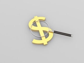 Dollar sign and magnifying glass on a white background. 3d render illustration.. Dollar sign and magnifying glass on a white background. 