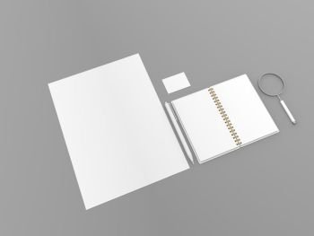 Notepad magnifying glass business card template on a gray background. 3d render illustration.. Notepad magnifying glass business card template on a gray background. 
