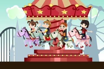 A vector illustration of children playing merry go round in an amusement park