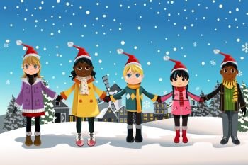 A vector illustration of multi-ethnic children holding hands celebrating Christmas