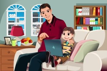 A vector illustration of a father and his son using a computer in the living room