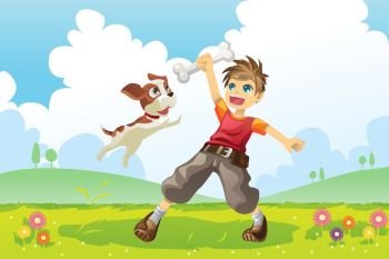 A vector illustration of a boy and his dog playing in the park