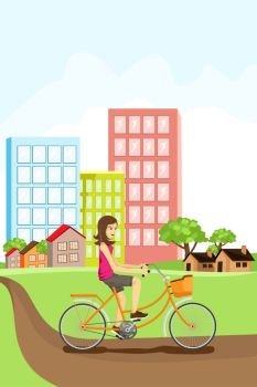 A vector illustration of a woman riding a bike in an urban setting