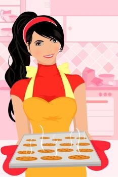 A vector illustration of a woman baking cookies in the kitchen
