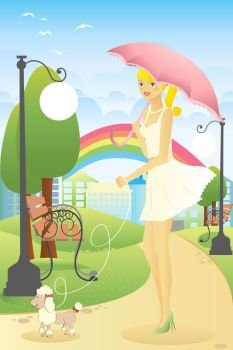 A vector illustration of a beautiful woman walking her dog