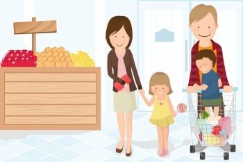 A vector illustration of a family doing grocery shopping