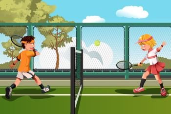 A vector illustration of two kids playing tennis