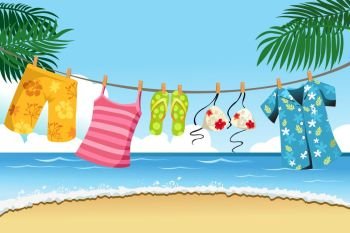A vector illustration of summer clothes drying outdoor