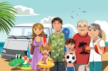 A vector illustration of a multi generation family on a beach vacation