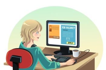 A vector illustration of a woman searching for a job online