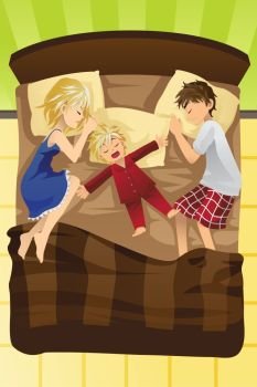 A vector illustration of parents sleeping with their young child in the same bed