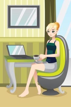 A vector illustration of a woman using a laptop and drinking a coffee at home